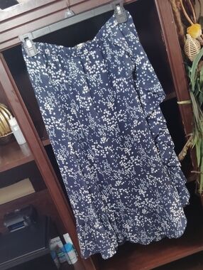 Michael Kors Navy and White Floral Ruffle Midi Skirt